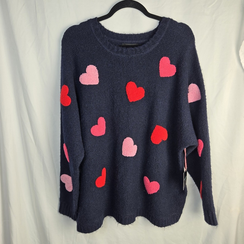 Cynthia Rowley Flocked Heart Sweater Womens 1X Navy Whimsical Novelty Soft